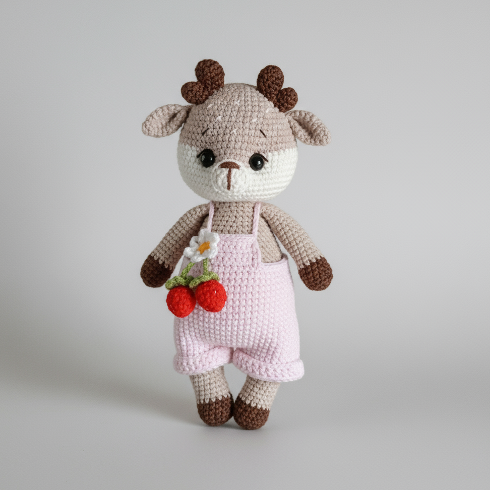 Handmade Crochet Reindeer – Christmas Crochet Animal Toy in Pink Jumpsuit