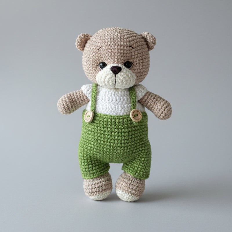 Handmade Crochet Teddy Bear Toy in Green Jumpsuit