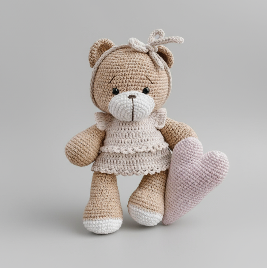 Handmade Crochet Teddy Bear Toy with Pink Heart
