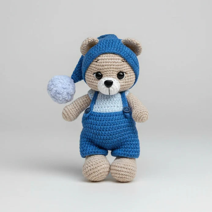 Handmade Crochet Teddy Bear Toy in Blue Jumpsuit and Pom-Pom Hat