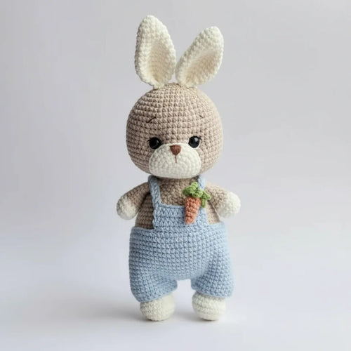 Handmade Crochet Bunny Toy in Blue Jumpsuit