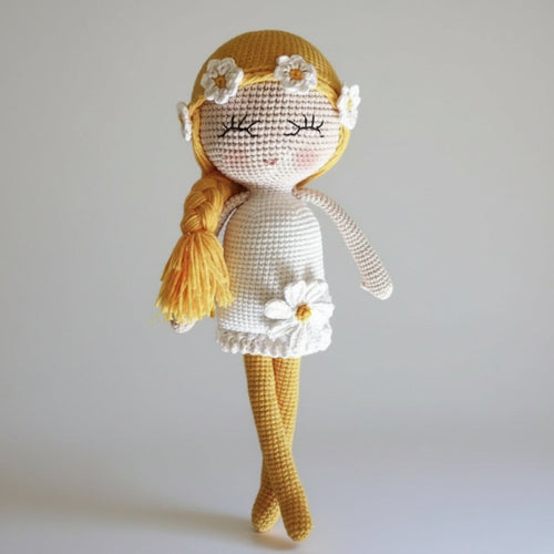 Handmade Crochet Blonde Girl Doll – Braided Hair and Daisy Dress, Gift for Kids