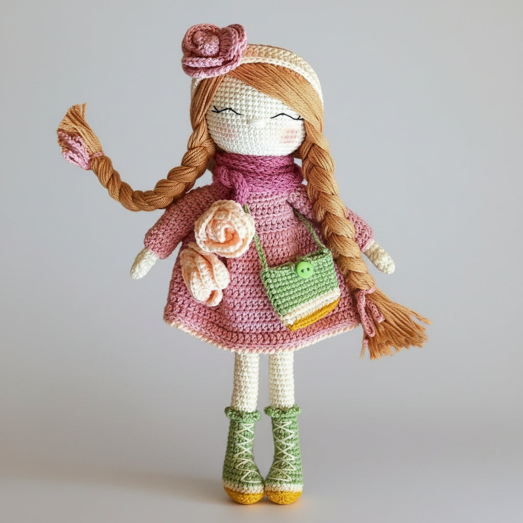 Handmade Crochet Doll with Fancy Dress – Long-Haired Girl with Braids