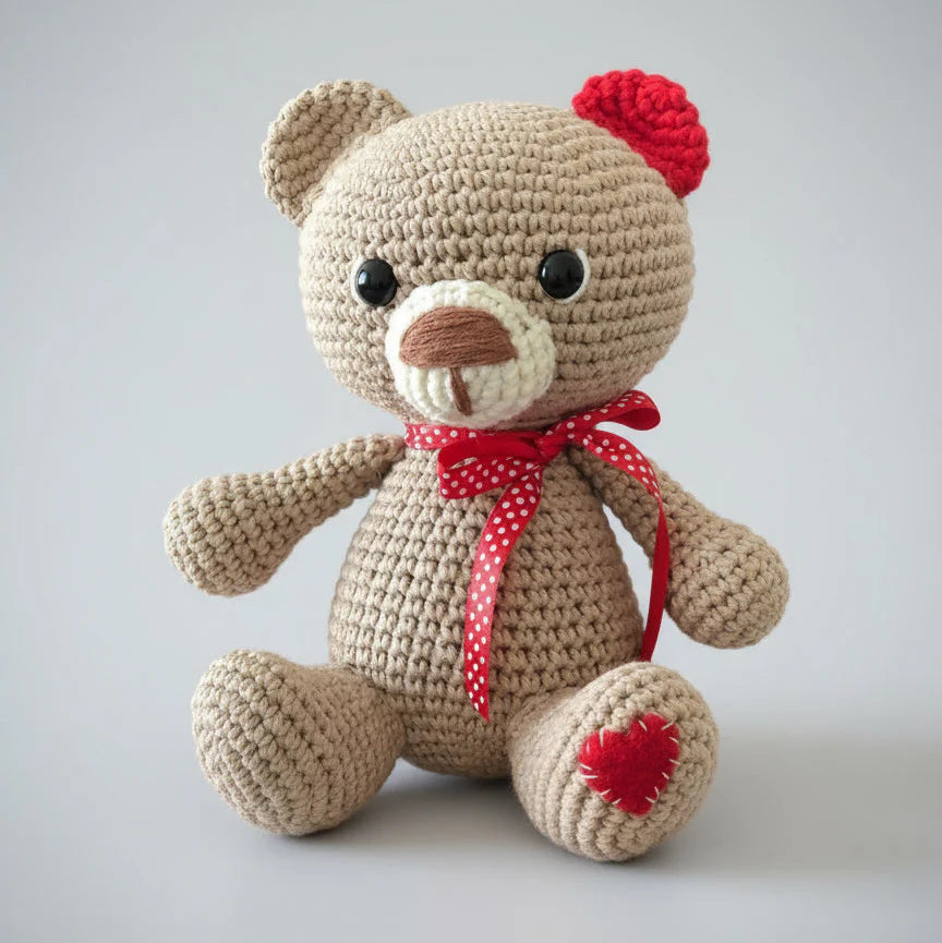 Handmade Crochet Teddy Bear – Valentine Crochet Animal Toy with Heart Feet & Red Bow